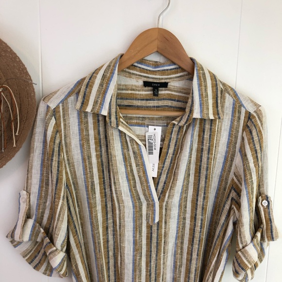 DREW Dresses & Skirts - DREW Med. Neutral Linen Rayon Striped Belted Dress